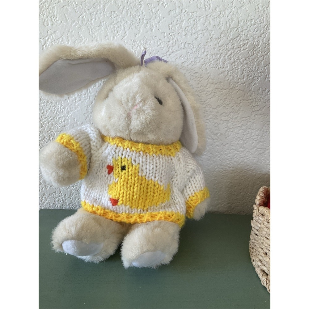 Vtg Eggcetera Easter Plush Bunny Knit Sweater Yellow Chick 10" Beige Toys"R"Us